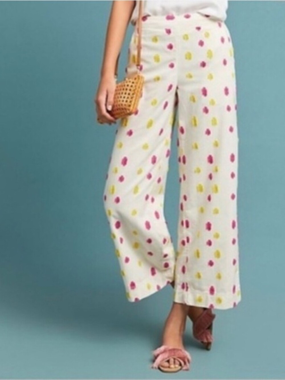 Anthropologie Talese Wide Legs Ivory Yellow Pink pants SZ 8 Cotton Pocket Sz 12